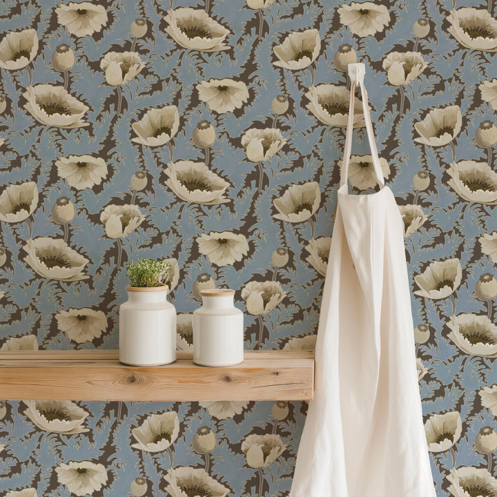 Poppy Bloom - Brownstone Blue Floral Wallpaper