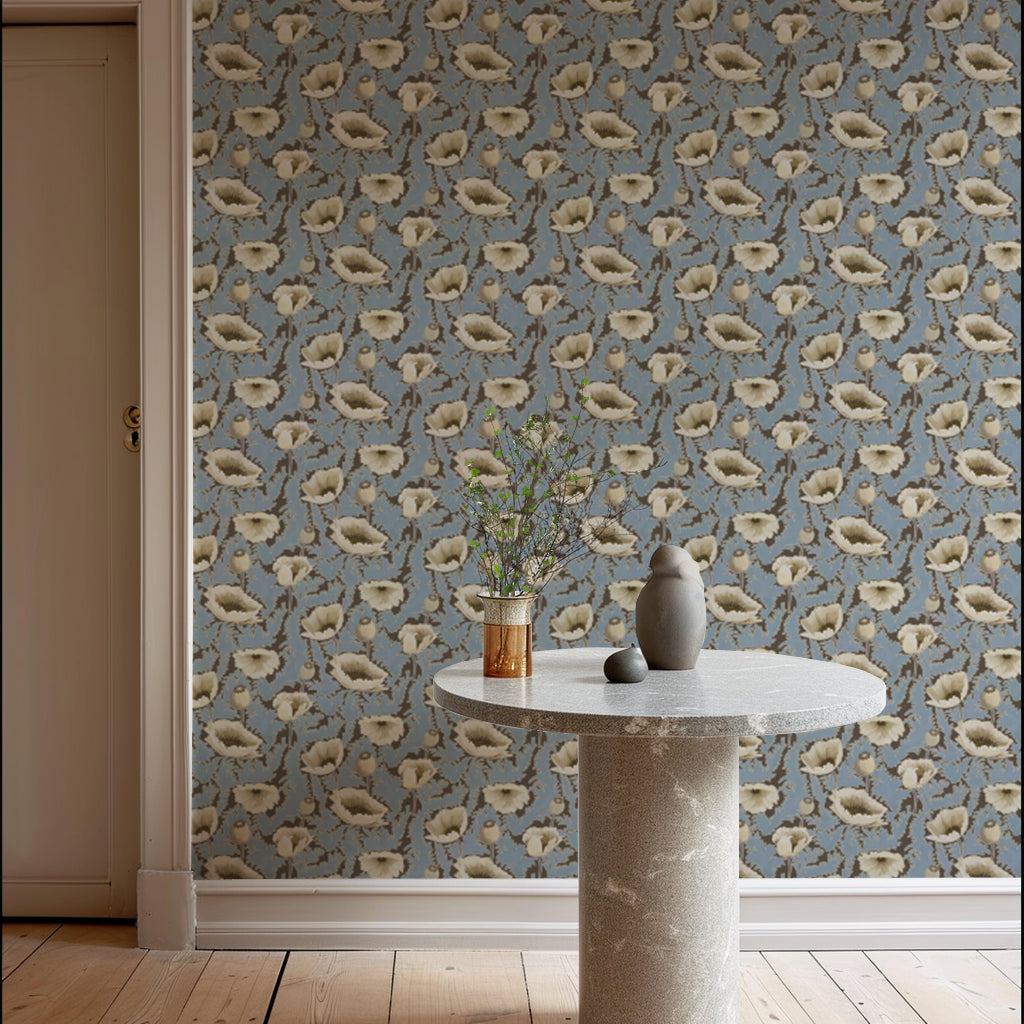 Poppy Bloom - Brownstone Blue Floral Wallpaper