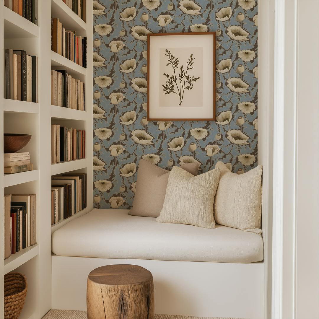 Poppy Bloom - Brownstone Blue Floral Wallpaper