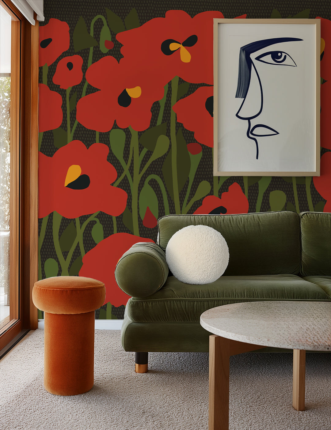 Poppy Fields Floral Wall Mural - Scarlet Shadows