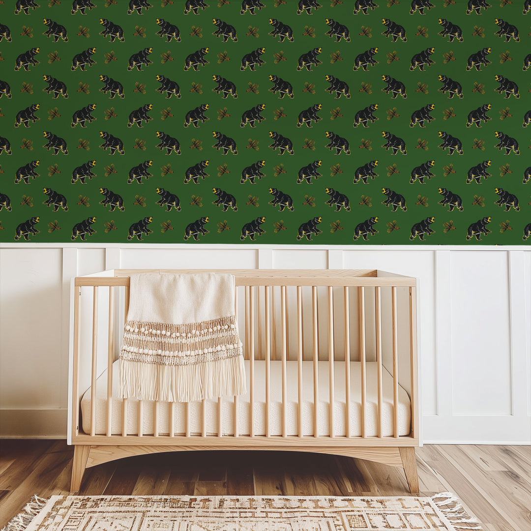 Roaming Black Bear - Prep Forest Green Wallpaper