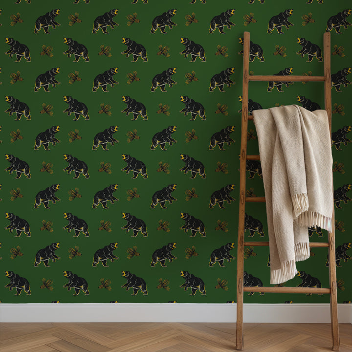 Roaming Black Bear - Prep Forest Green Wallpaper