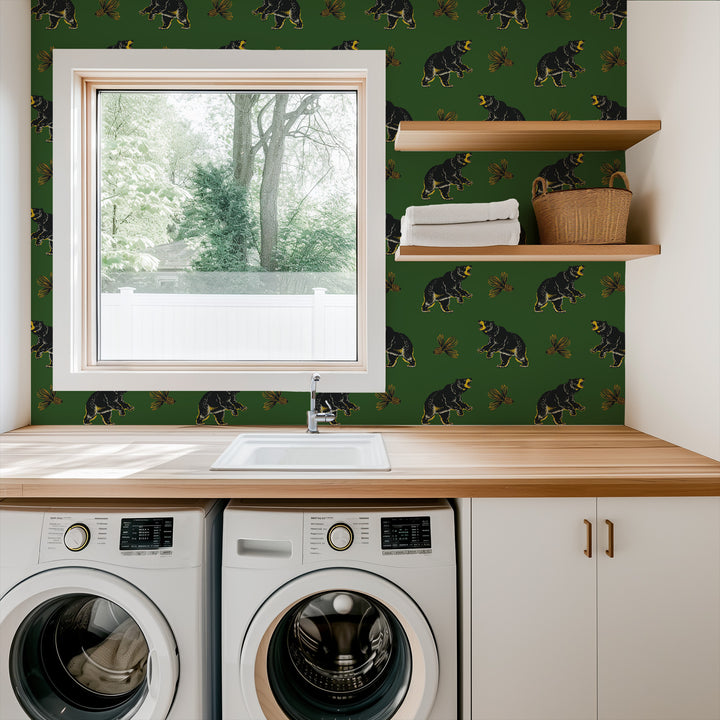 Roaming Black Bear - Prep Forest Green Wallpaper