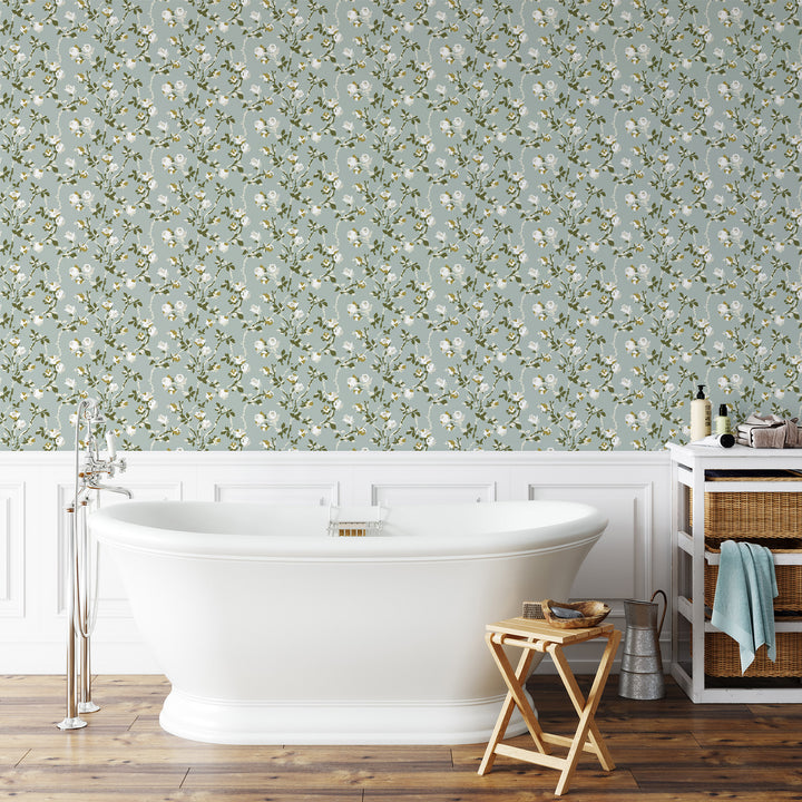 Rose Thorns - Ash Blue Floral Wallpaper