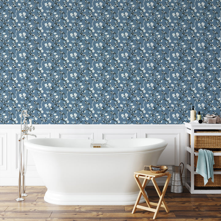 Rose Thorns - Blue Salt Floral Wallpaper