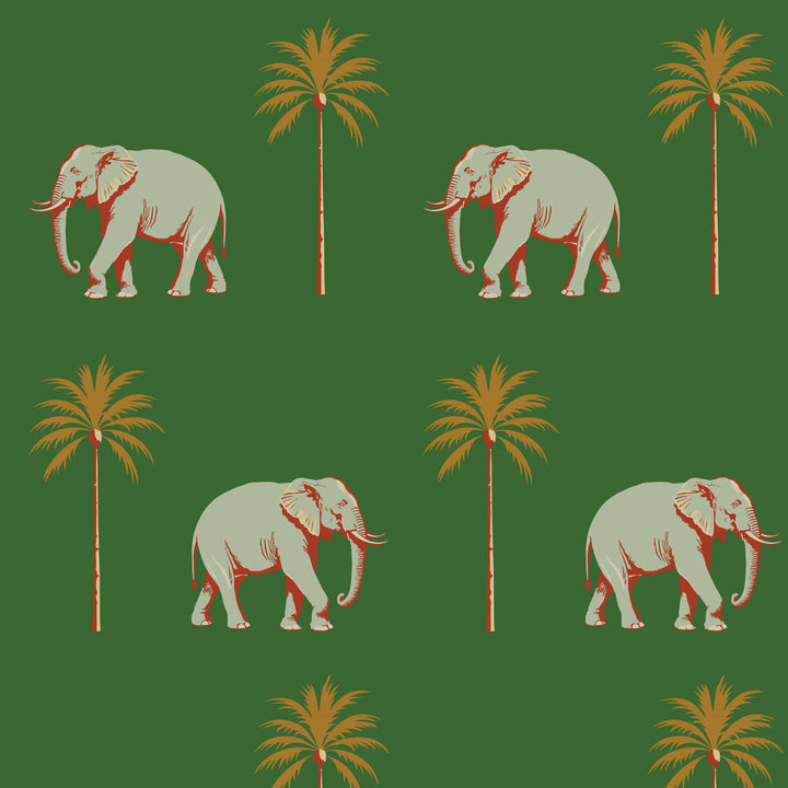 Strolling Elephant - Emerald Green Wallpaper