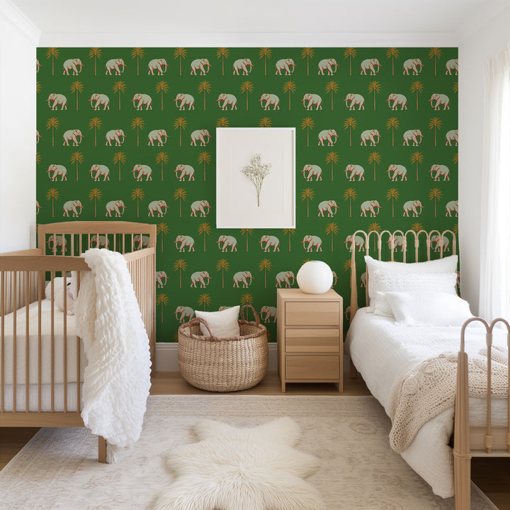 Strolling Elephant - Emerald Green Wallpaper