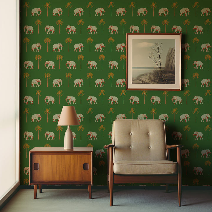 Strolling Elephant - Emerald Green Wallpaper