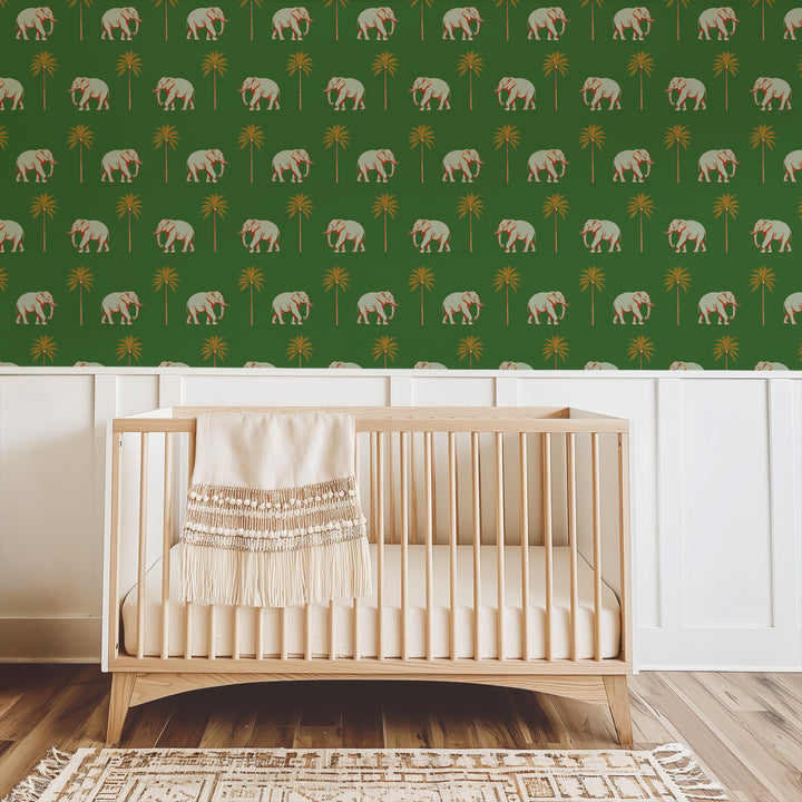 Strolling Elephant - Emerald Green Wallpaper