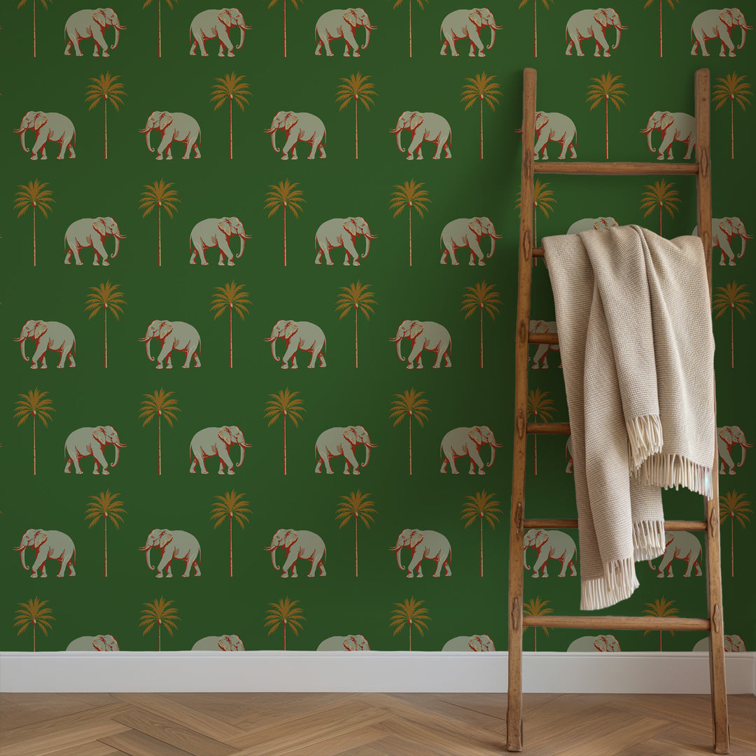 Strolling Elephant - Emerald Green Wallpaper