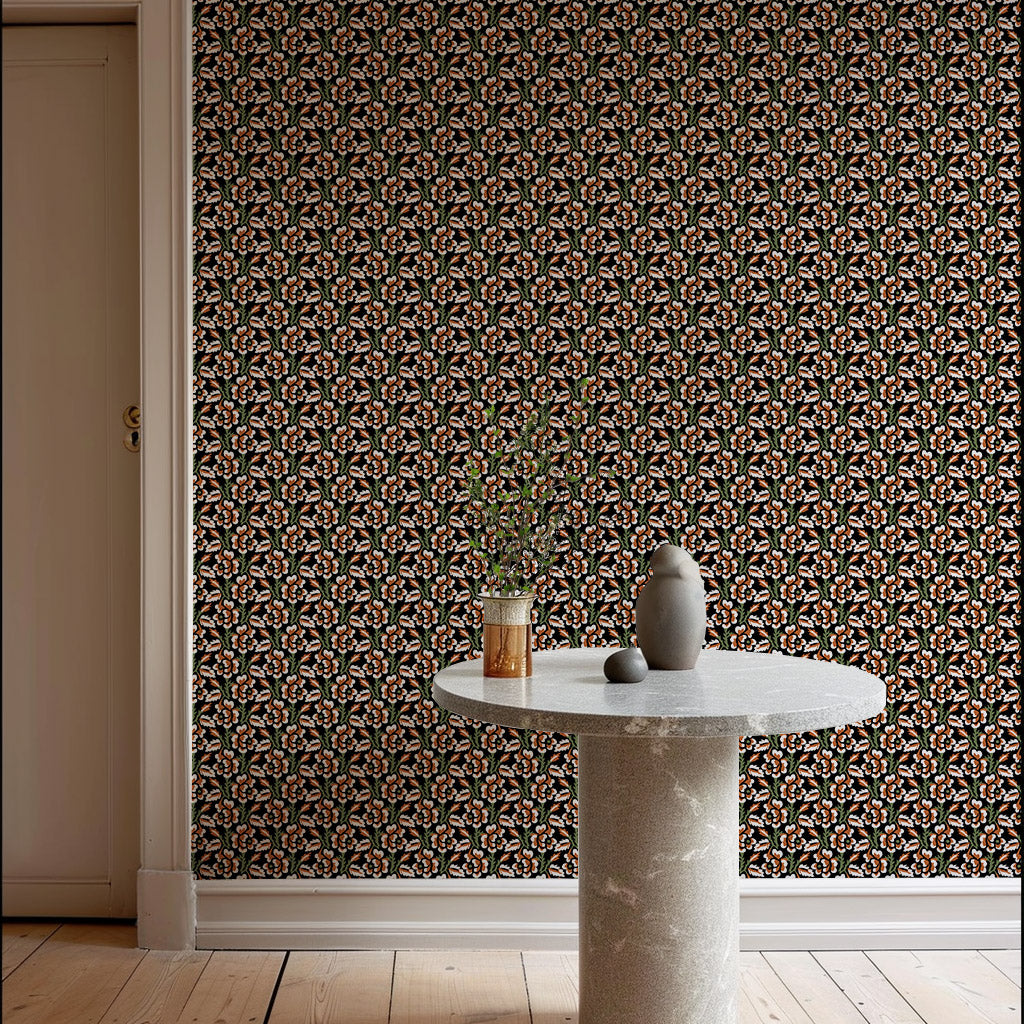 Thorn & Blossom - Onyx Persimmon Floral Wallpaper