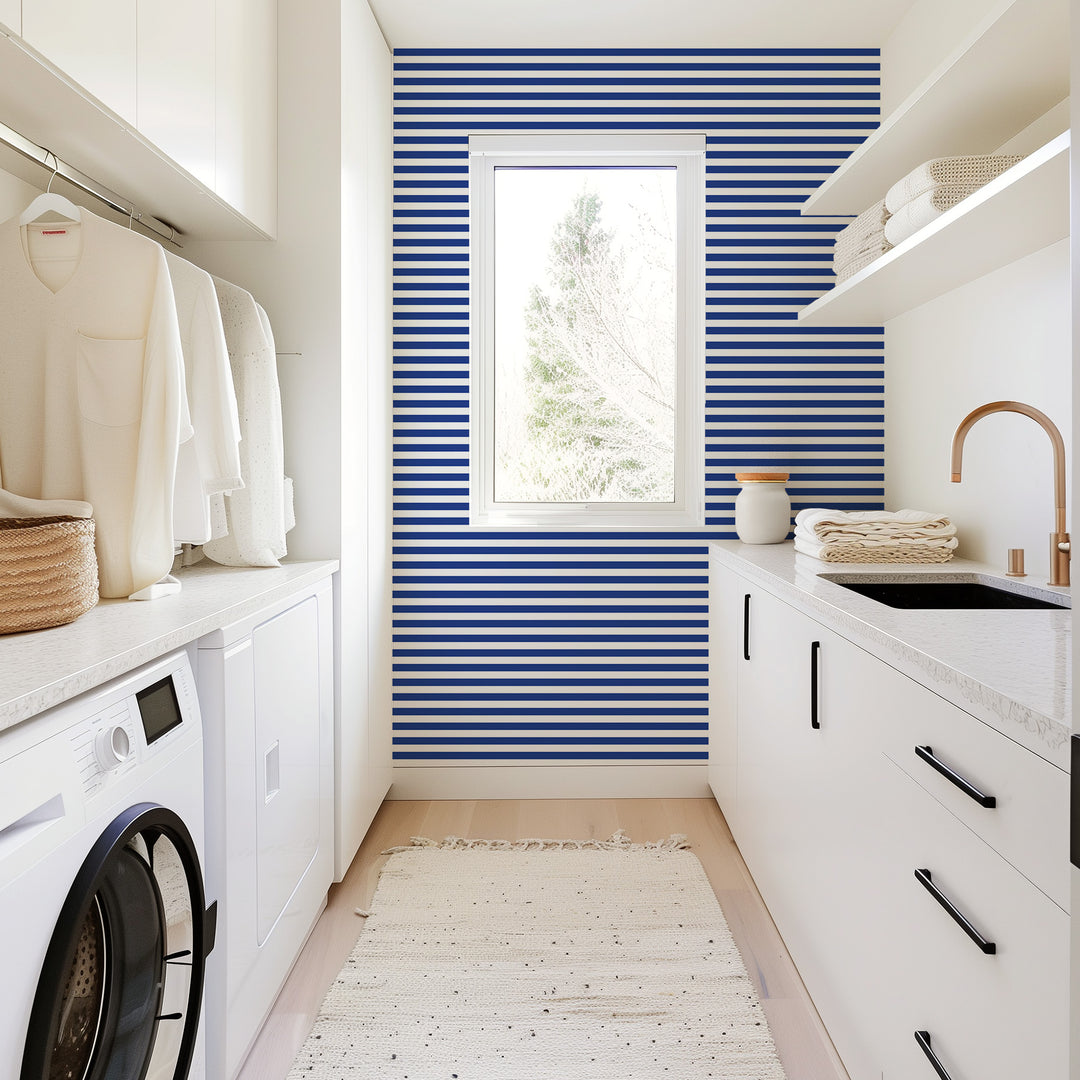 Versa Stripe - Yves Blue Geometric Wallpaper by Mrs. Paranjape