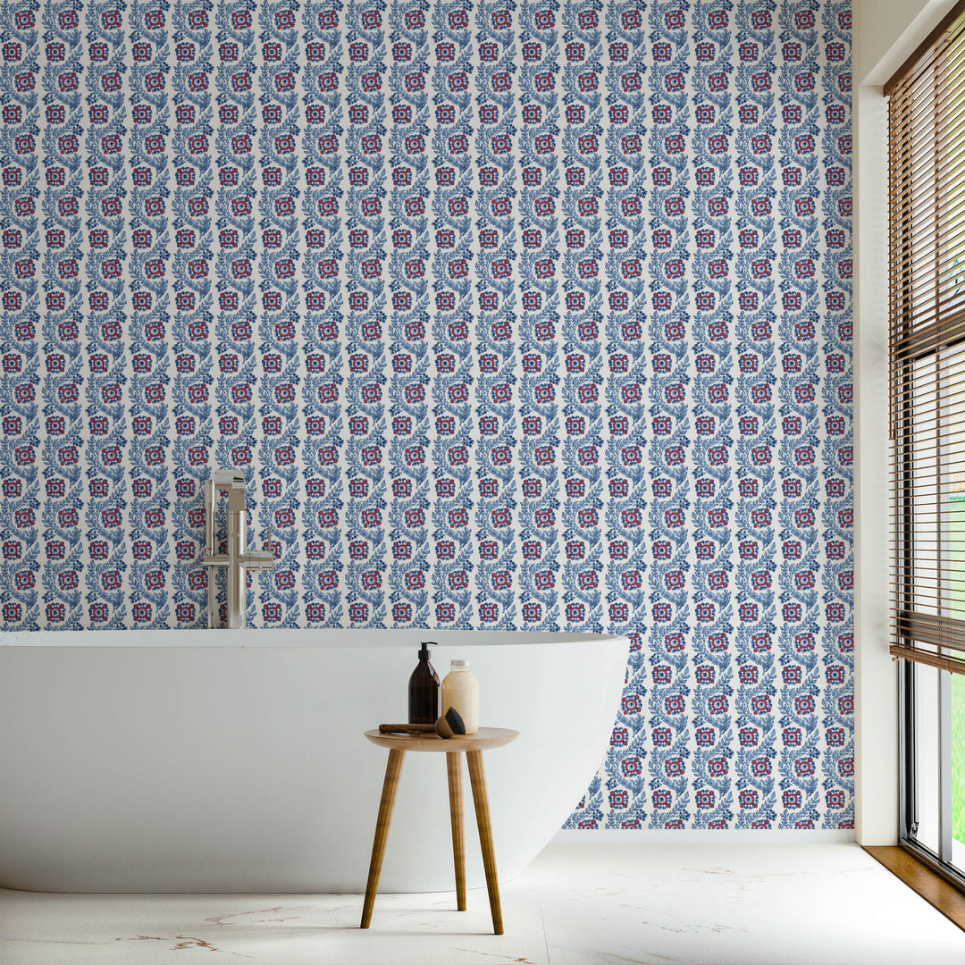 Villa Vaux - Blue and Red Floral Wallpaper by August Table