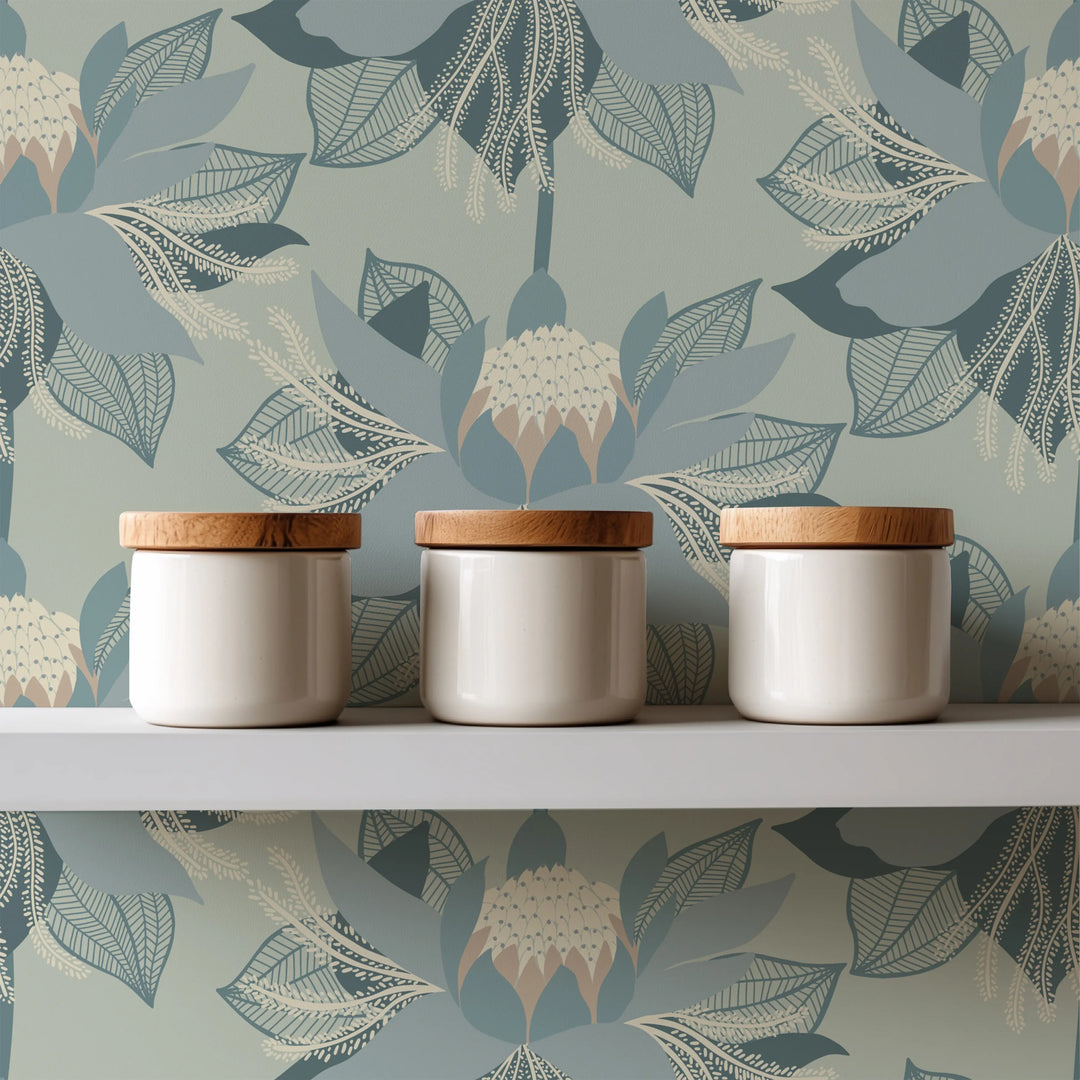 Modern Bloom - Faded Blue Wallpaper by Bohemian Bungalow