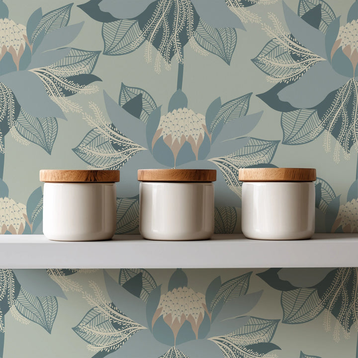 Modern Bloom - Faded Blue Wallpaper by Bohemian Bungalow