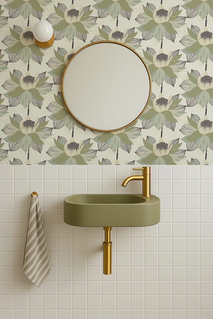 Modern Bloom - Parchment Sage Wallpaper by Bohemian Bungalow
