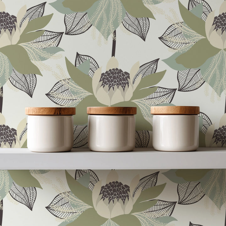 Modern Bloom - Parchment Sage Wallpaper by Bohemian Bungalow