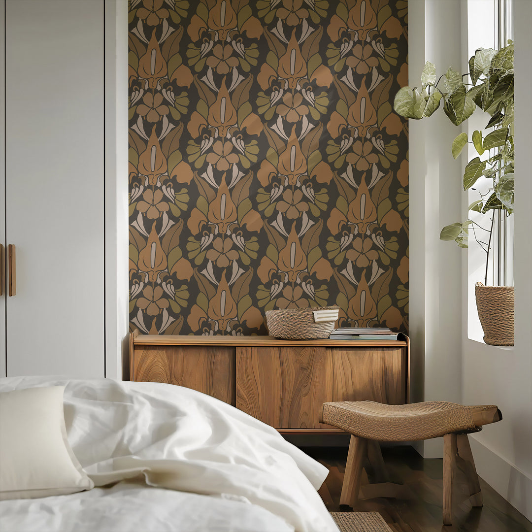 Dragon Flower - Burnt Sienna Floral Wallpaper