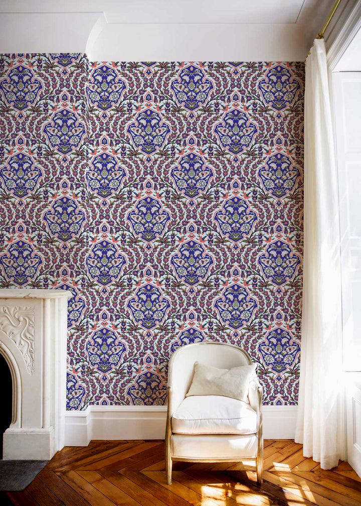 Ottoman Large - Blues & Coral Wallpaper