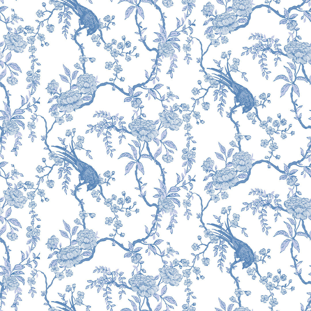 Floral Bird Toile - Blue Wallpaper