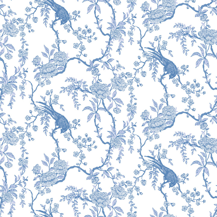Floral Bird Toile - Blue Wallpaper