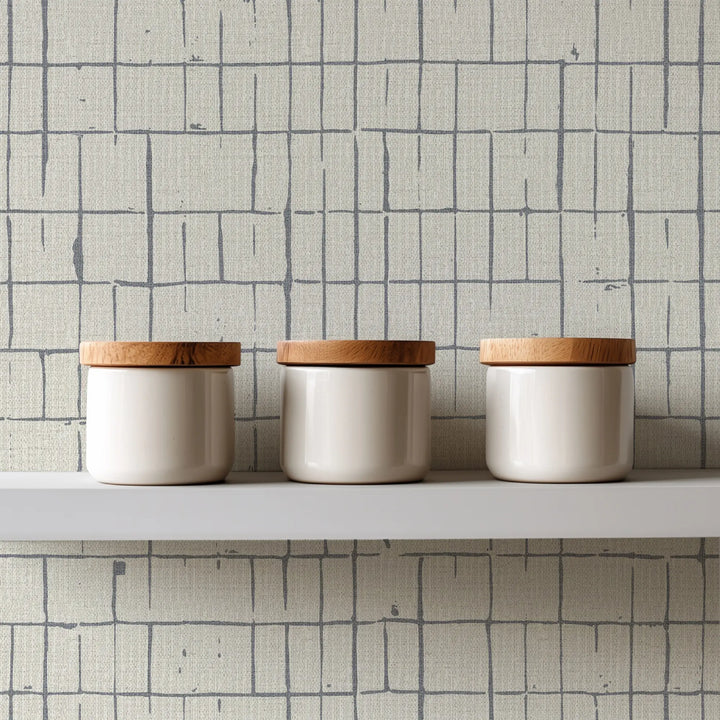 Fractured Grid Blue Cream Grasscloth