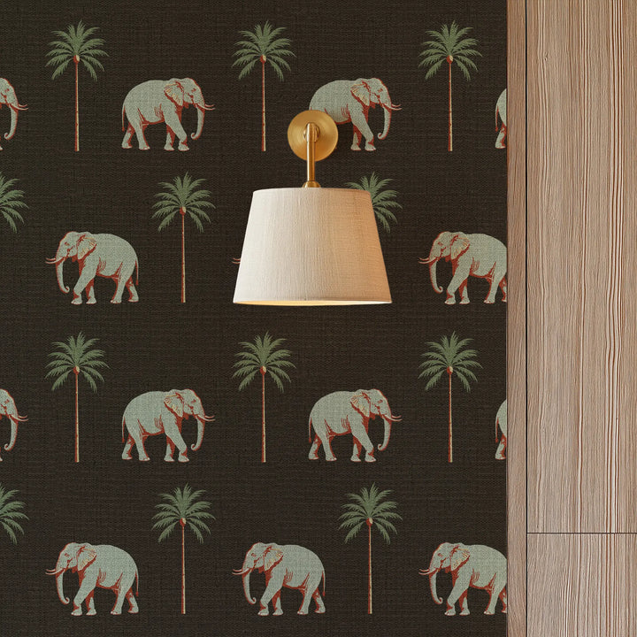 Strolling Elephant Onyx Noir Grasscloth