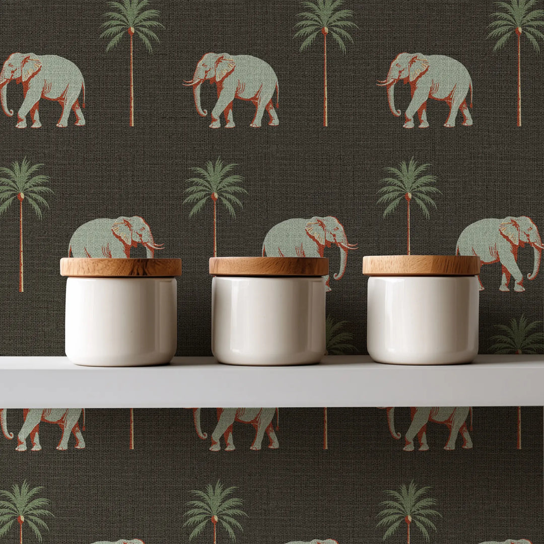 Strolling Elephant Onyx Noir Grasscloth