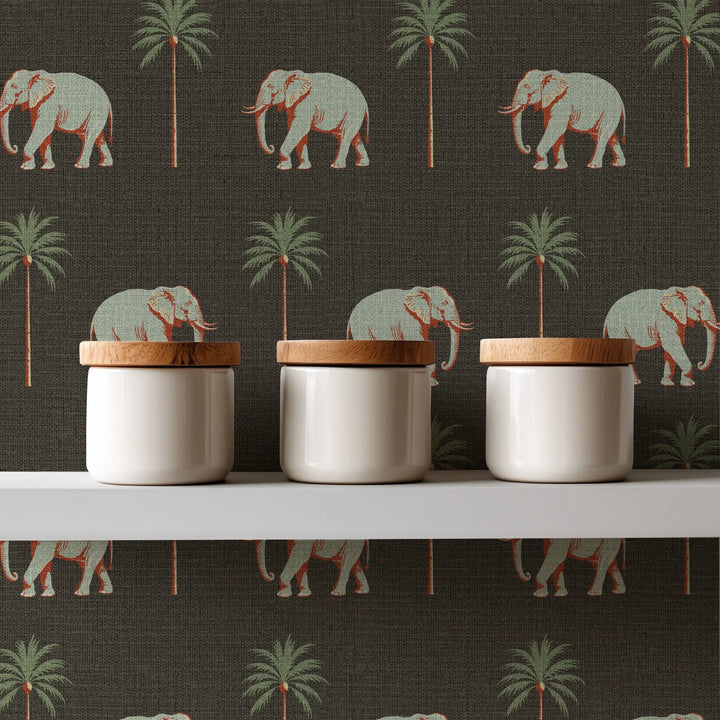 Strolling Elephant Onyx Noir Grasscloth