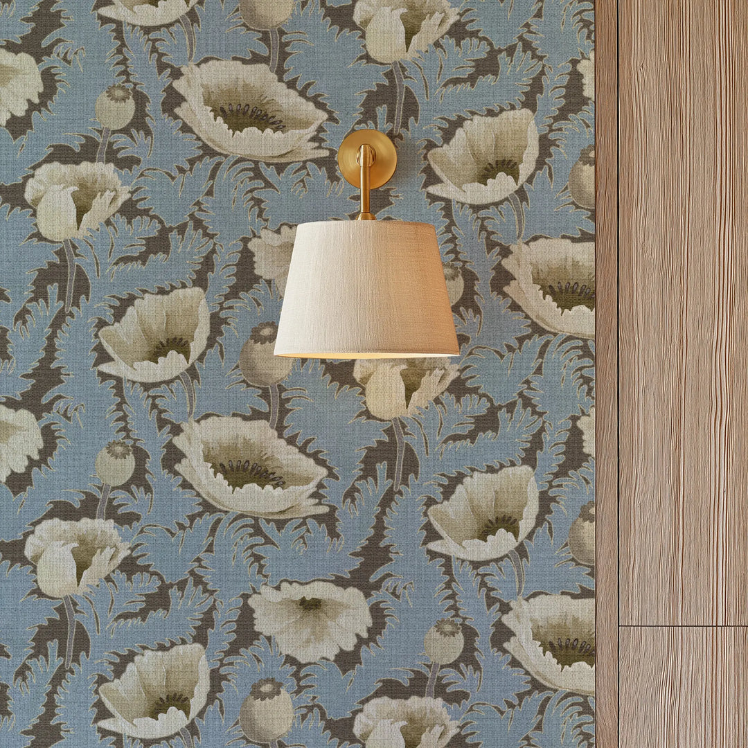 Poppy Bloom Brownstone Blue Grasscloth