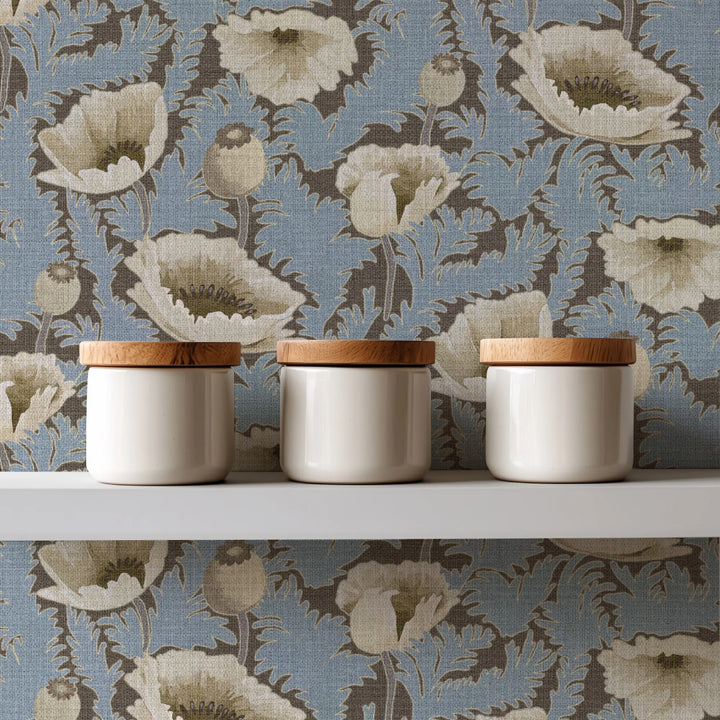 Poppy Bloom Brownstone Blue Grasscloth