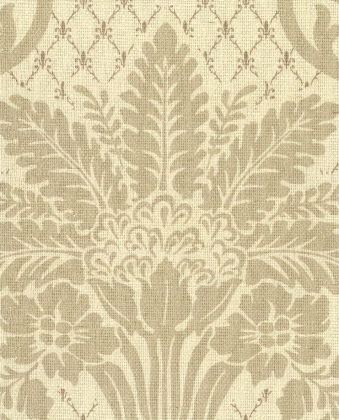 Beige and taupe damask wallpaper pattern with a classic floral and leaf motif.