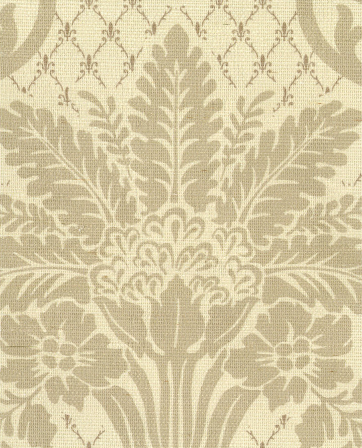Beige and taupe damask wallpaper pattern with a classic floral and leaf motif.