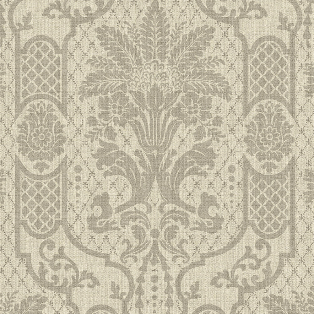 A close-up of a damask patterned wallpaper or fabric in warm beige and taupe-gray tones, showing a symmetrical floral and scroll motif with a subtle woven texture.
