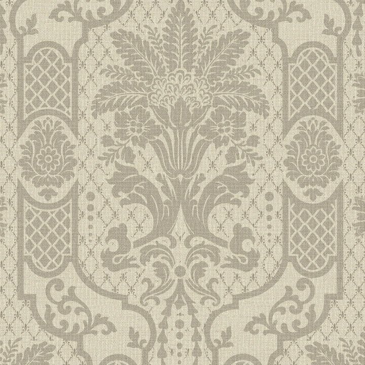 A close-up of a damask patterned wallpaper or fabric in warm beige and taupe-gray tones, showing a symmetrical floral and scroll motif with a subtle woven texture.