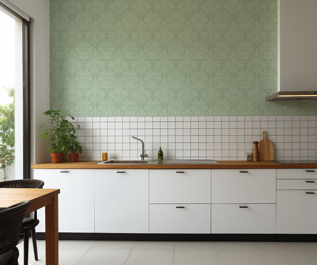 Rococo Relief - Misty Green Wallpaper