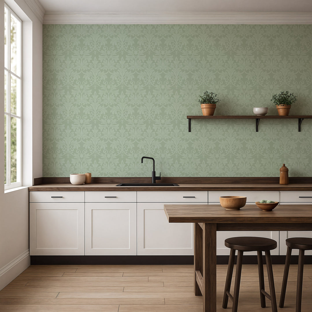 Rococo Relief - Misty Green Wallpaper