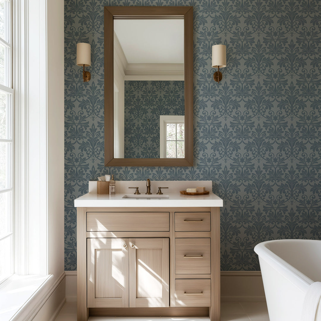 Rococo Relief - Pewter Blue Wallpaper