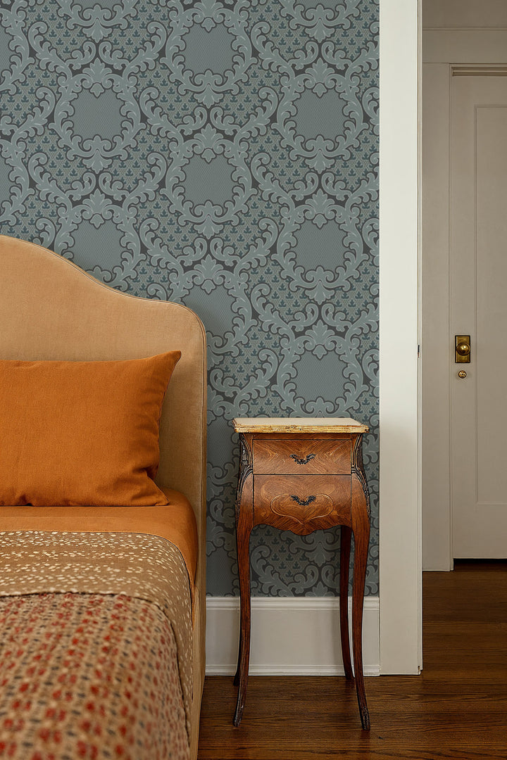 Shadow Leaf Damask - Pewter Blue Wallpaper