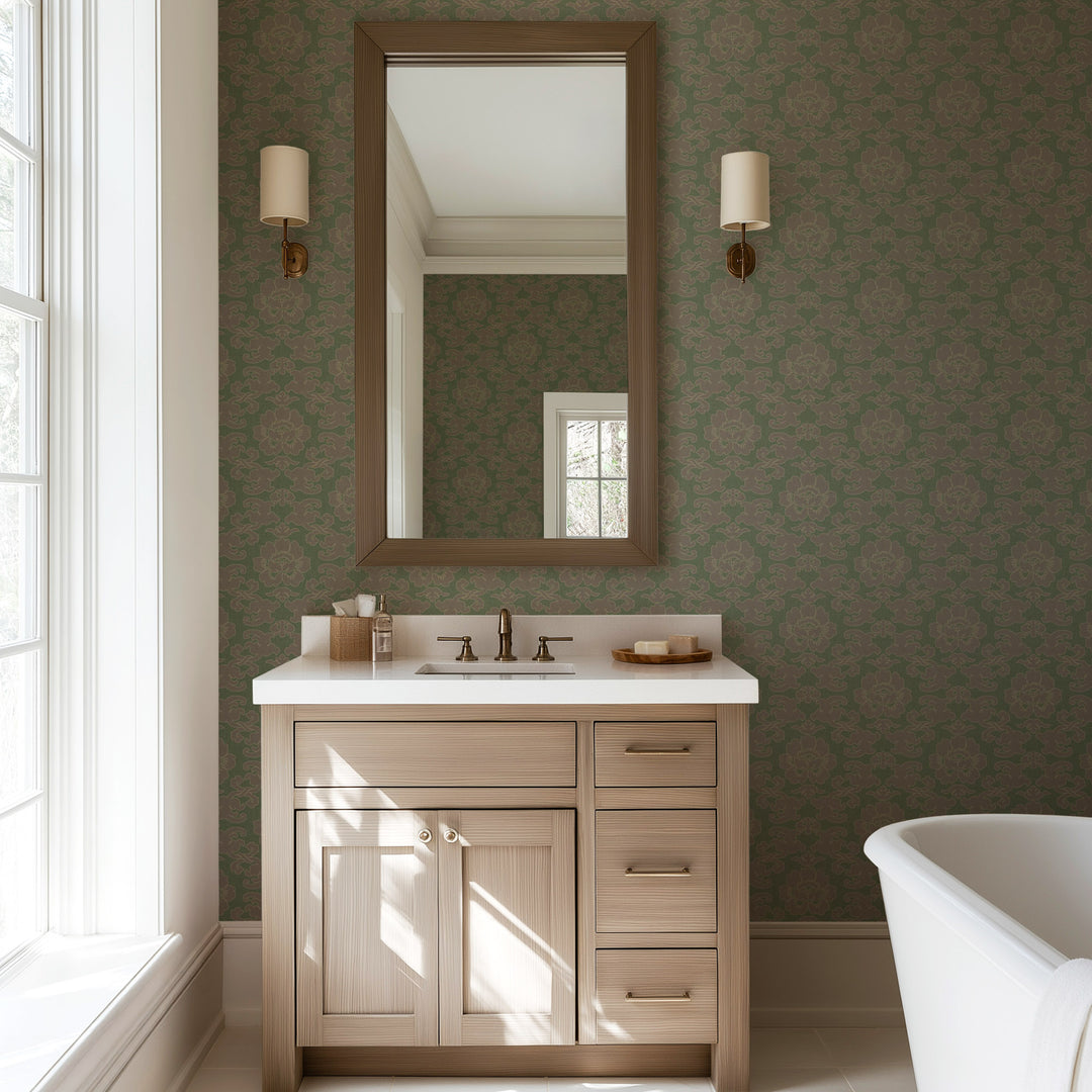 Silken Poppy - Hunstman Green Wallpaper