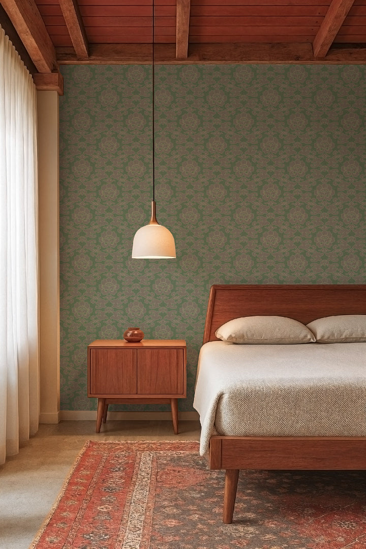 Silken Poppy - Hunstman Green Wallpaper