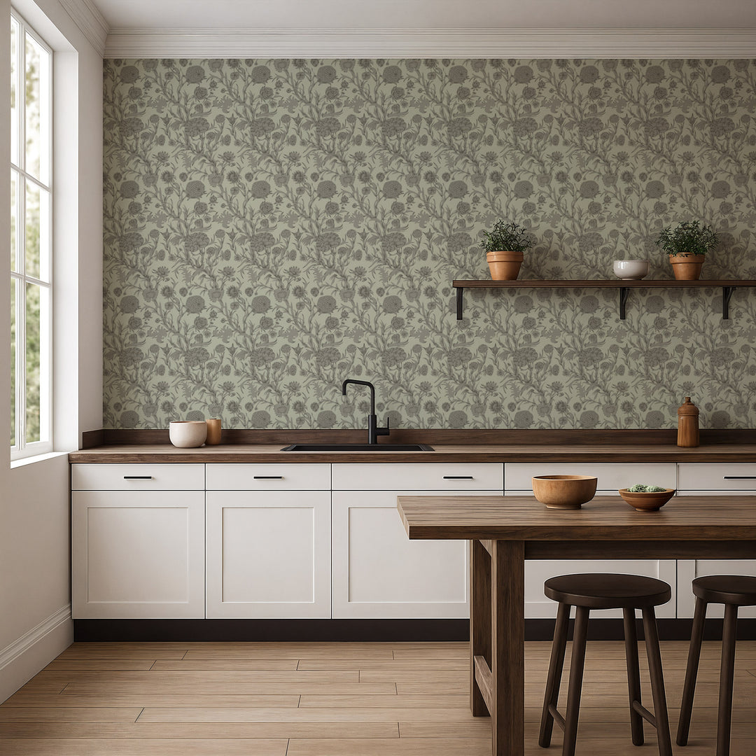 Blooming Thicket - Green Taupe Wallpaper