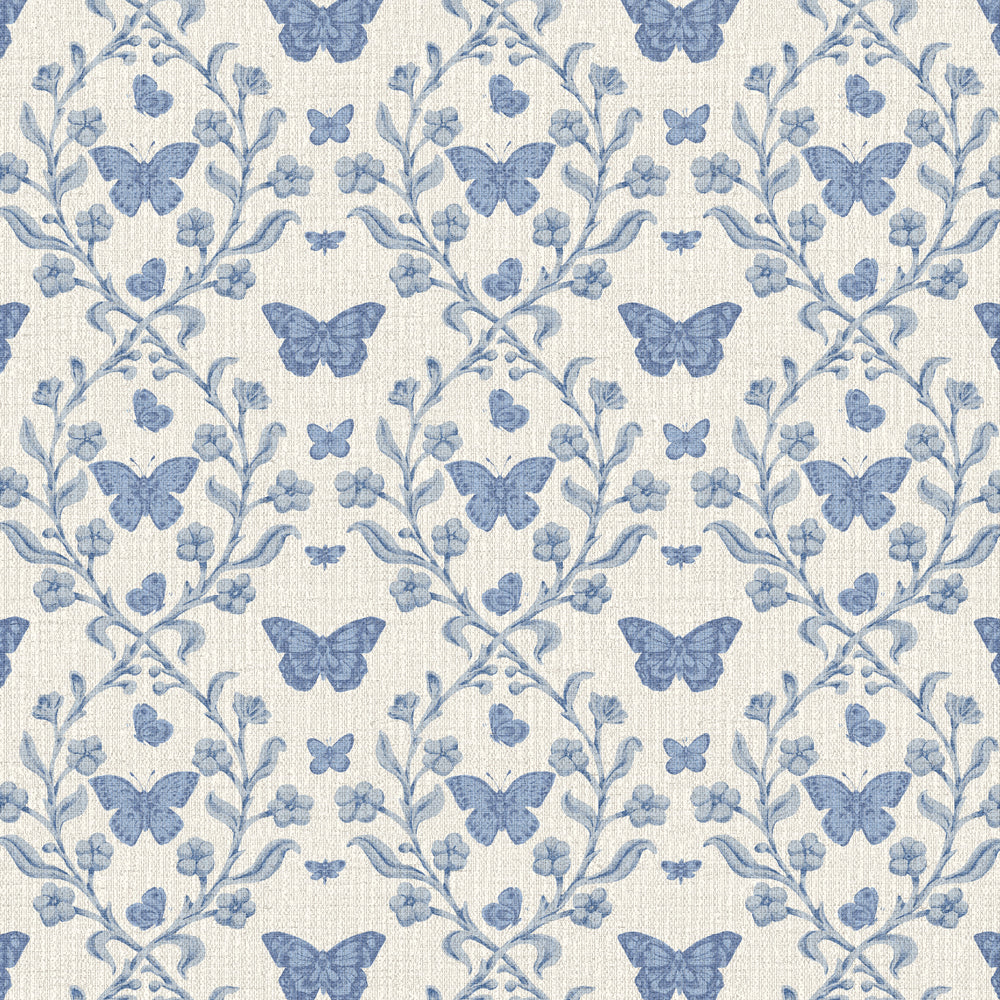 A repeating wallpaper pattern featuring dusty blue butterflies and delicate floral vines on a warm off-white textured background.