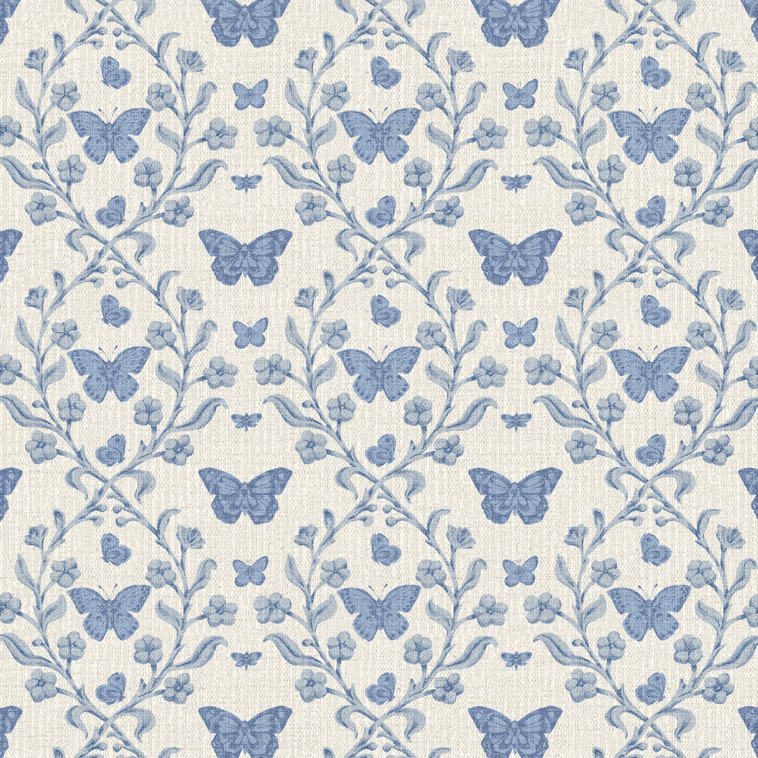 A repeating wallpaper pattern featuring dusty blue butterflies and delicate floral vines on a warm off-white textured background.