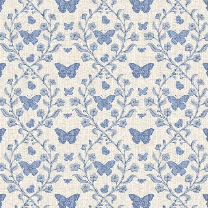 A repeating wallpaper pattern featuring dusty blue butterflies and delicate floral vines on a warm off-white textured background.