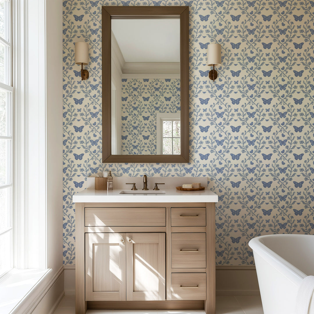 Butterfly Garden - Porcelain Blue Wallpaper