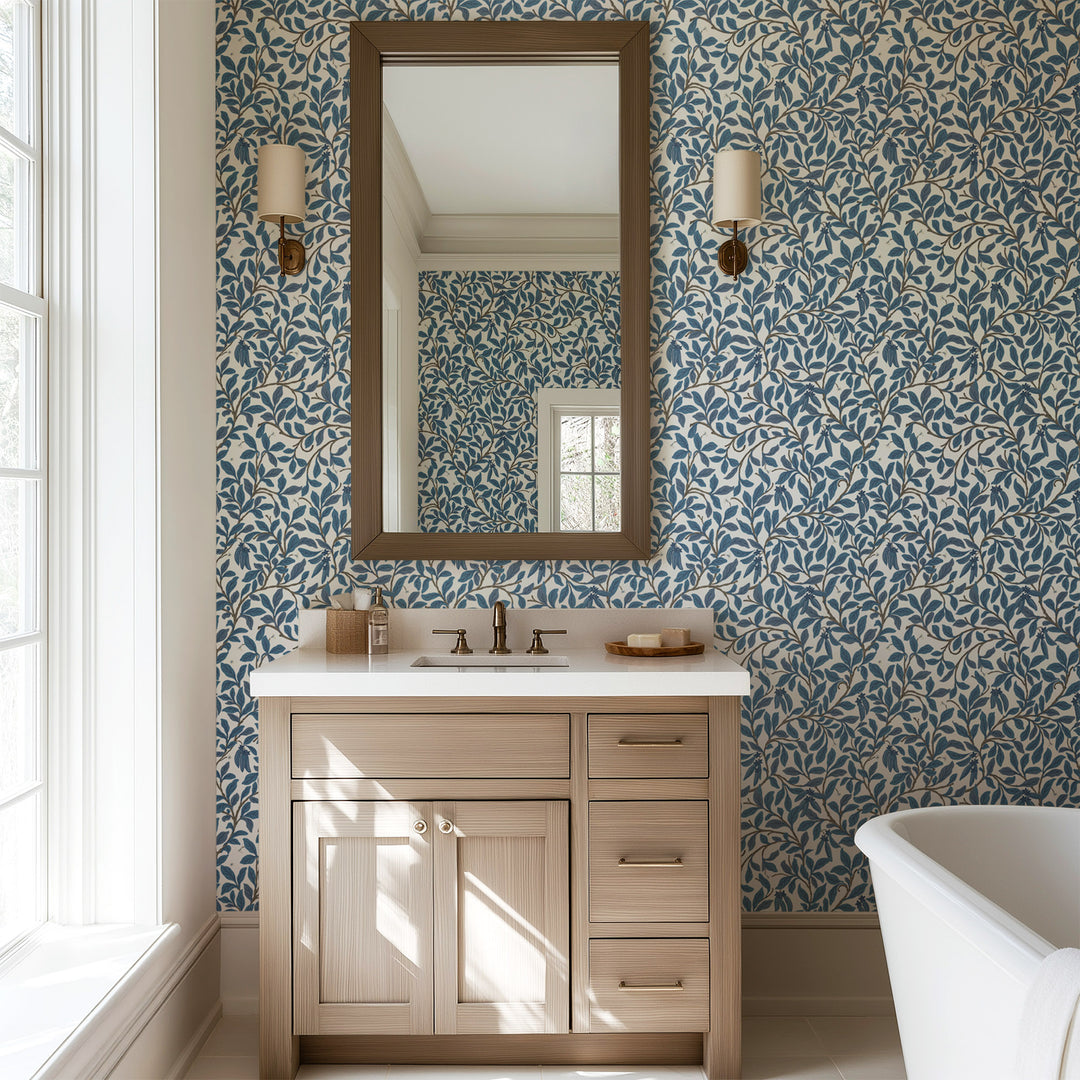 Leaf and Pod - Navy White Wallpaper