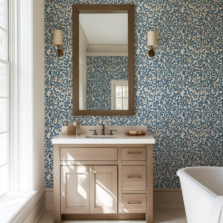 Leaf and Pod - Navy White Wallpaper