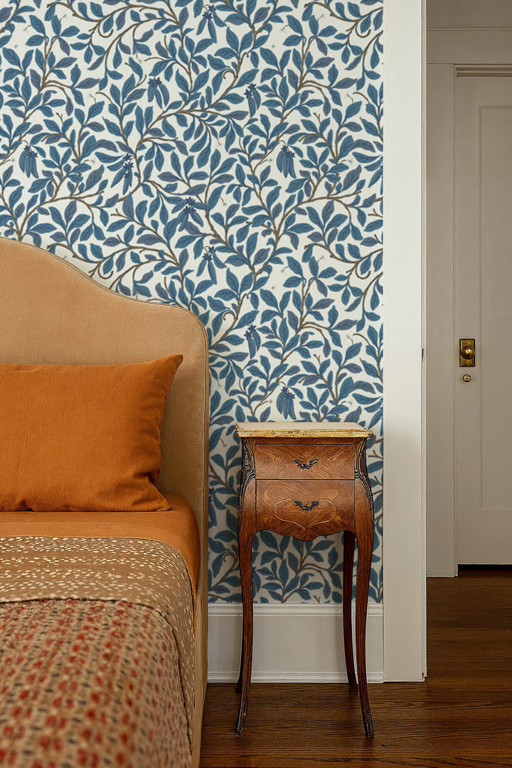 Leaf and Pod - Navy White Wallpaper