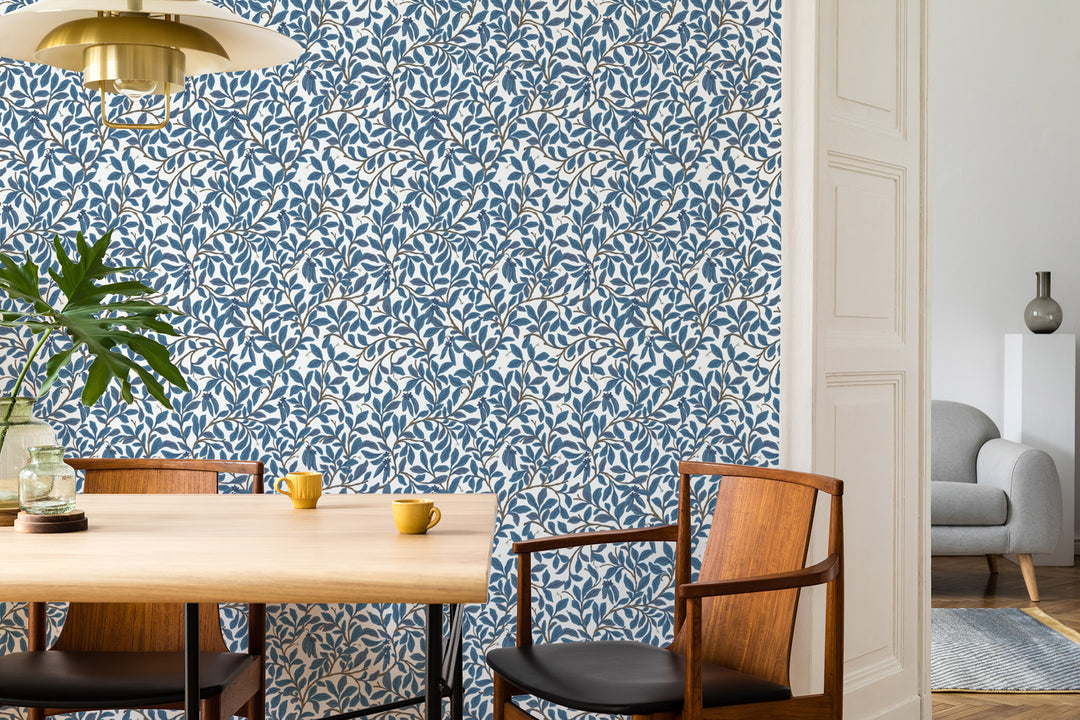 Leaf and Pod - Navy White Wallpaper